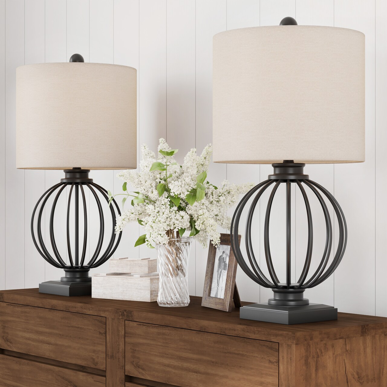 Set Of 2 Modern Rustic Wrought Iron Table Lamps With Linen Shades Matte Black